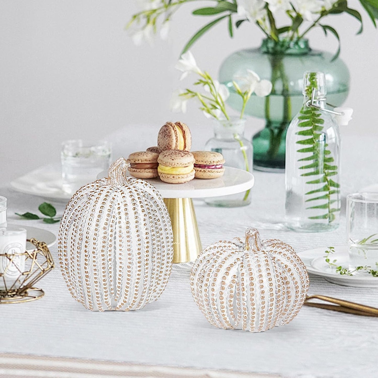 2Pcs Halloween Pumpkin Artificial Resin Pumpkins Decor for Mantel Harvest Autumn Tabletop Decoration Gold Fall Pumpkin Decorations Thanksgiving Table Centerpieces (Set A, ONE Size)