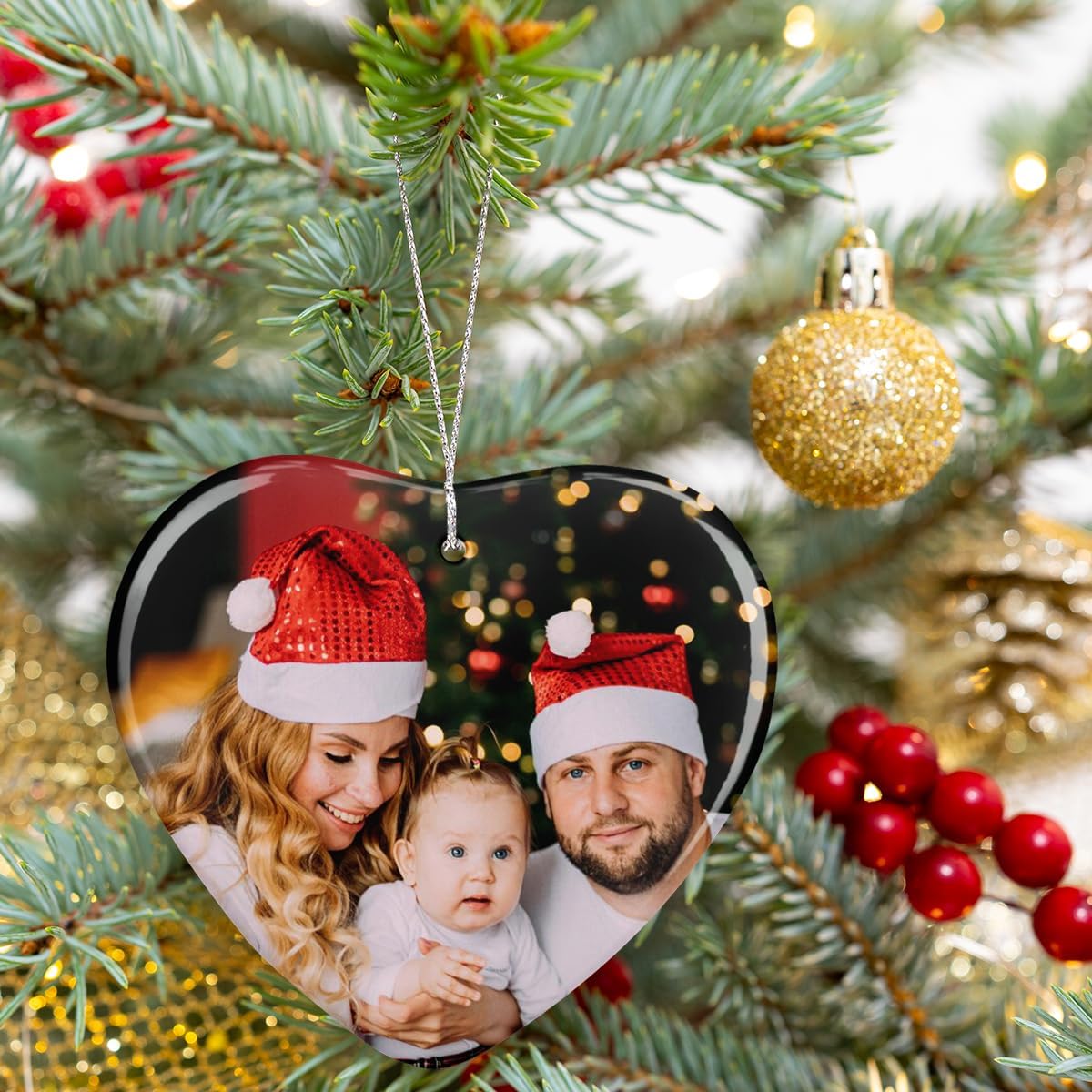 Personalized Christmas Ornaments with Photo and Text, Custom Heart Shape Ceramic Hanging Ornament with Picture for Christmas Tree, Customized Xmas Gift for Parents Family