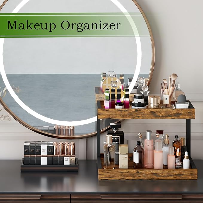 MARTY 2 Tier Spice Rack Organizer for Countertop, 15.8''L Coffee Station/Bathroom Organizer Countertop, Counter Shelf Desktop Storage Organizer for Kitchen, Bedroom, Office (Rustic Brown)