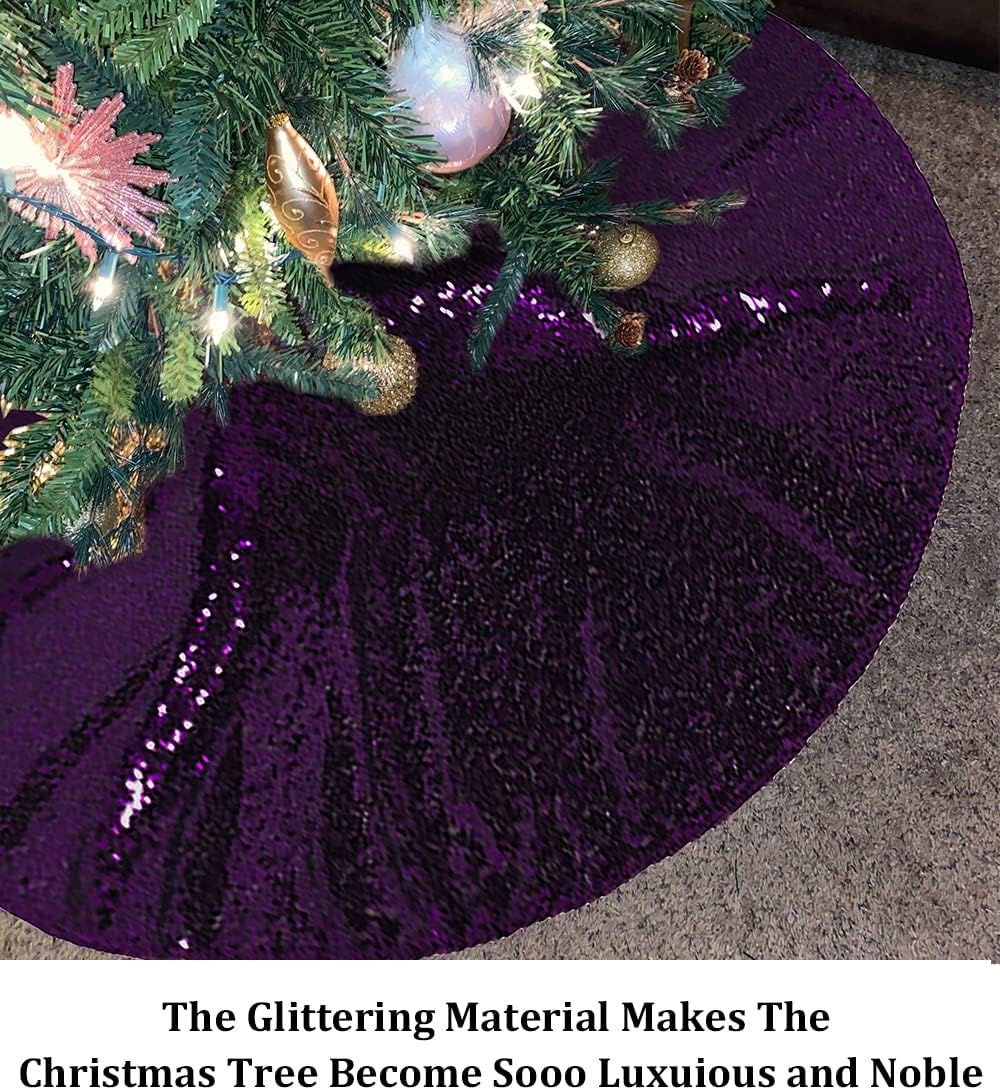 Partisout Sequin Tree Skirt - 24 Inch Purple Glitter Christmas Tree Skirt, Cotton Base, Colorful and Festive for Christmas and Halloween Decorations
