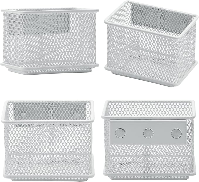 dedoot 2 Pack Pen Holder, 3.45x2.3x2.6inch Magnetic Basket Locker Organizer Metal Mesh Pencil Memo Holder for Whiteboard, Fridge, Desk, Offices,White