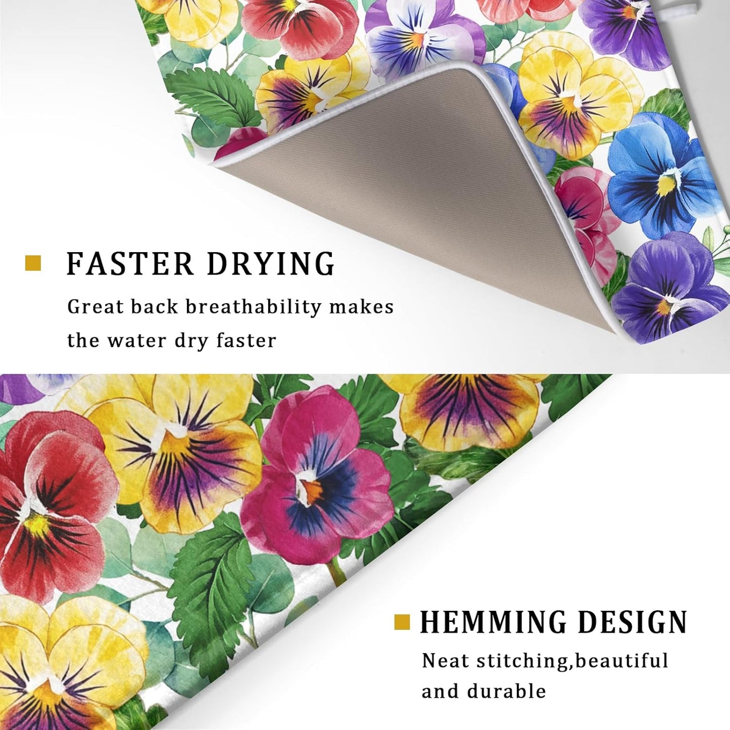 Spring Dish Drying Mat for Kitchen Counter Pansy Floral Absorbent Reversible Microfiber Kitchen Countertop Protector Dishes Pad Large 18x24 inch