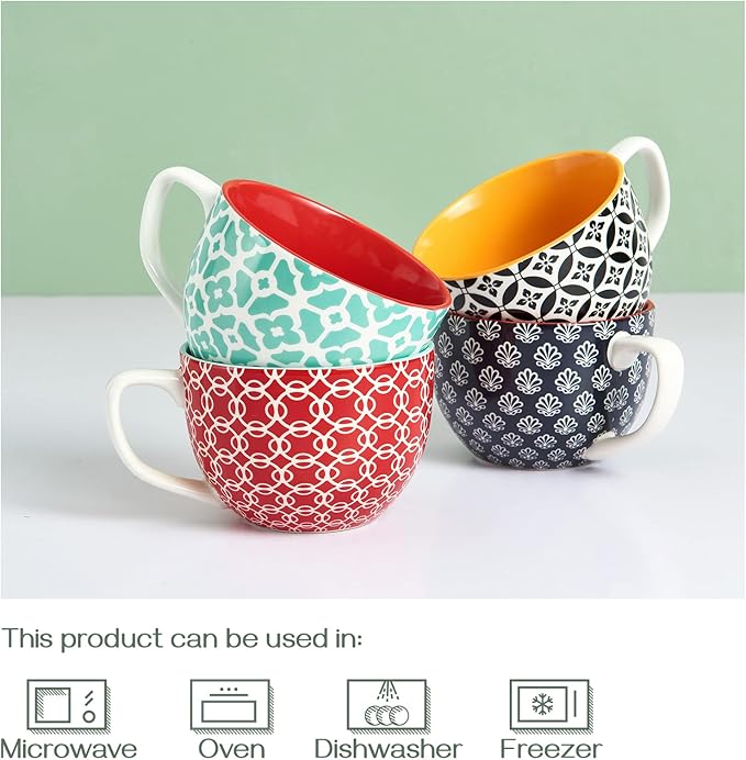 DOWAN Coffee Mugs Set of 4, 24 oz Large Coffee Mugs, Jumbo Soup Mugs With Handles, Ceramic Coffee Cups for Coffee Cereal Latte for Men Women, Housewarming Wedding Gift, Vibrant Colors