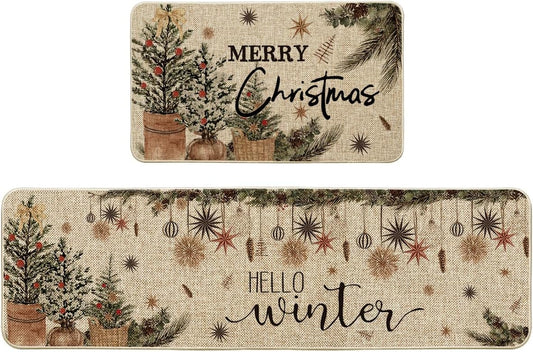 Artoid Mode Holly Ornament Merry Christmas Kitchen Mats Set of 2, Winter Home Decor Low-Profile Kitchen Rugs for Floor - 17x29 and 17x59 Inch