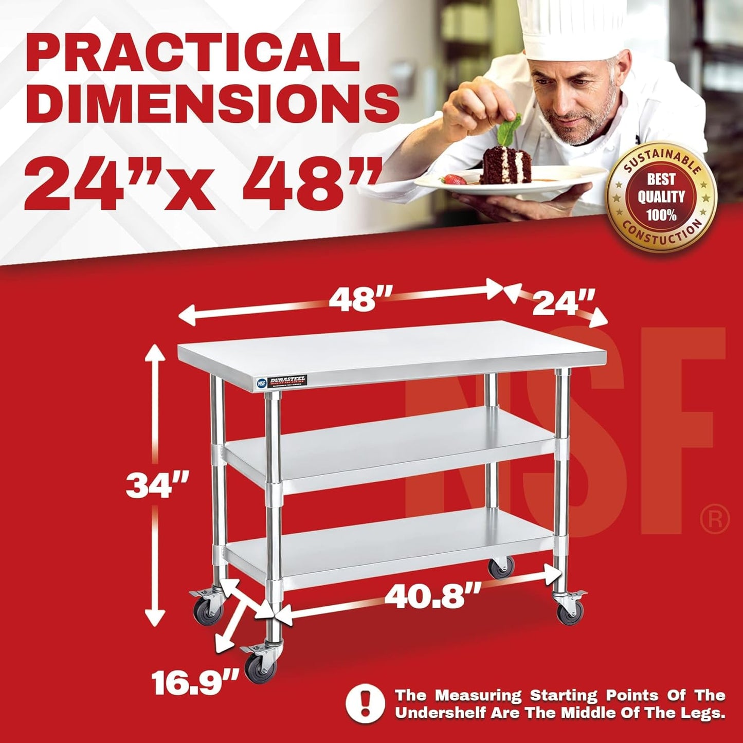 DuraSteel Stainless Steel Work Table 24" x 48" x 34" Height w/ 4 Caster Wheels - Food Prep Commercial Grade Worktable - NSF Certified - Good for Restaurant, Business, Warehouse, Home, Kitchen, Garage