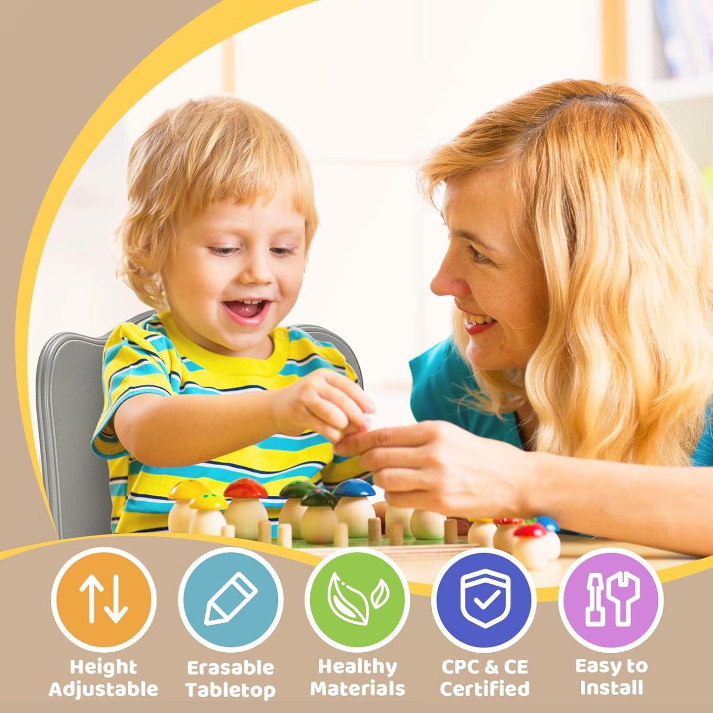 FUNLIO Kids Table and 4 Chairs Set, Height Adjustable Toddler Table and Chair Set for Ages 3-8, Easy to Wipe Arts & Crafts Table, for Classrooms/Daycares/Homes, CPC & CE Approved (5-Piece Set) - Gray