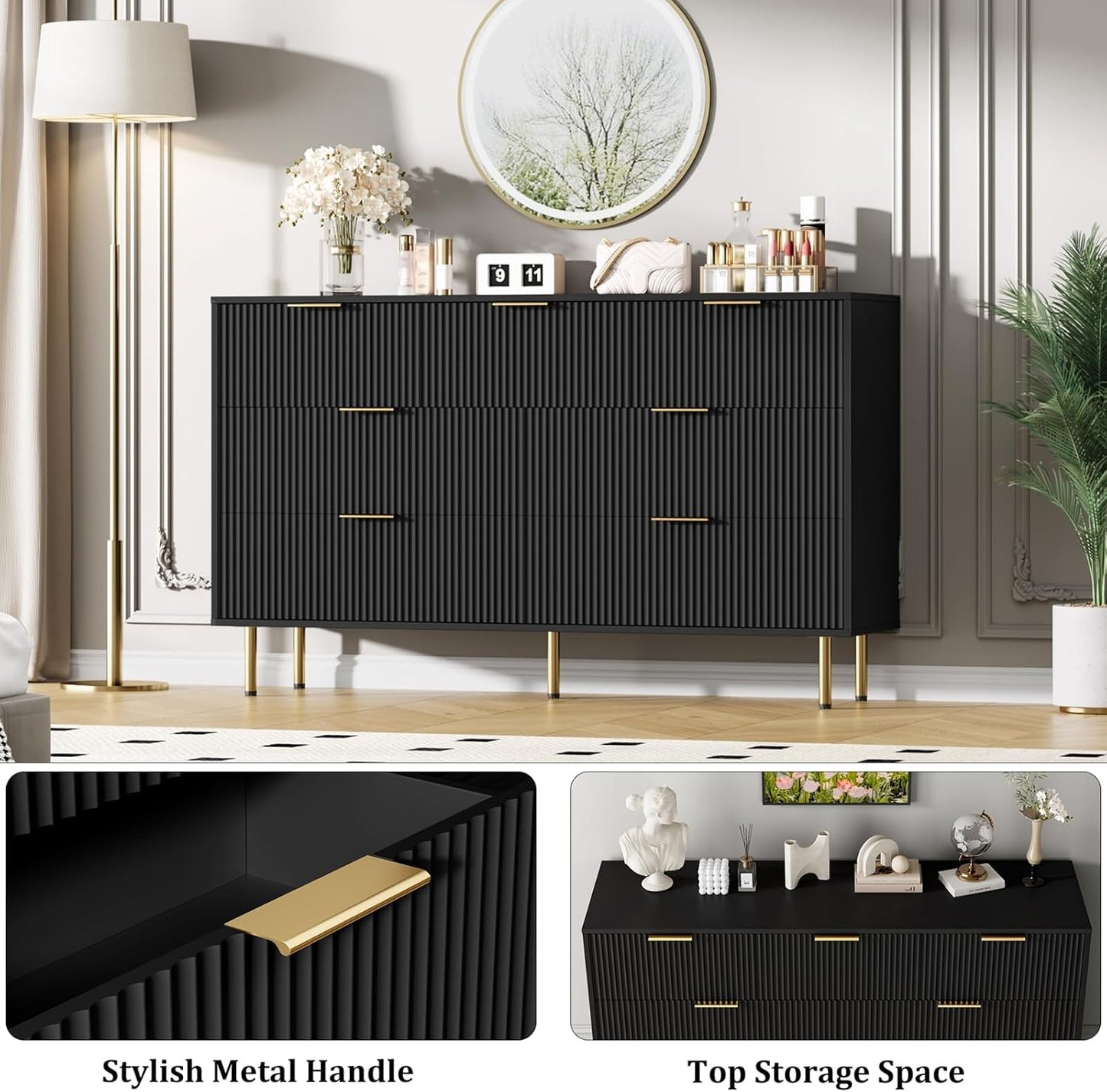 7 Drawers Dresser for Bedroom, Fluted Dresser Chest of Drawers with Gold Handle, Wood Modern Dressers for Closet, Bedroom Furniture Storage Organizer for Living Room, Hallway
