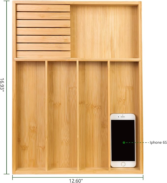 VaeFae Bamboo Silverware Organizer (Non-expandable), Utensil Holder for Drawer, Wooden Cutlery Tray with Divider for Kitchen Drawer, Utensil Organizer with Knife Block