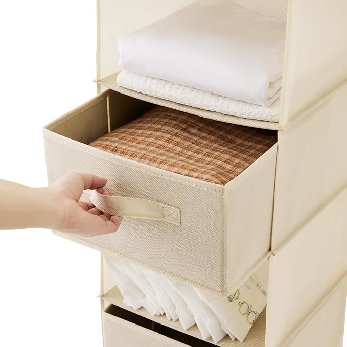 MAX Houser 6 Tier Shelf Hanging Closet Organizer, Closet Hanging Shelf with 2 Sturdy Hooks for Storage, Foldable (Beige-D3)