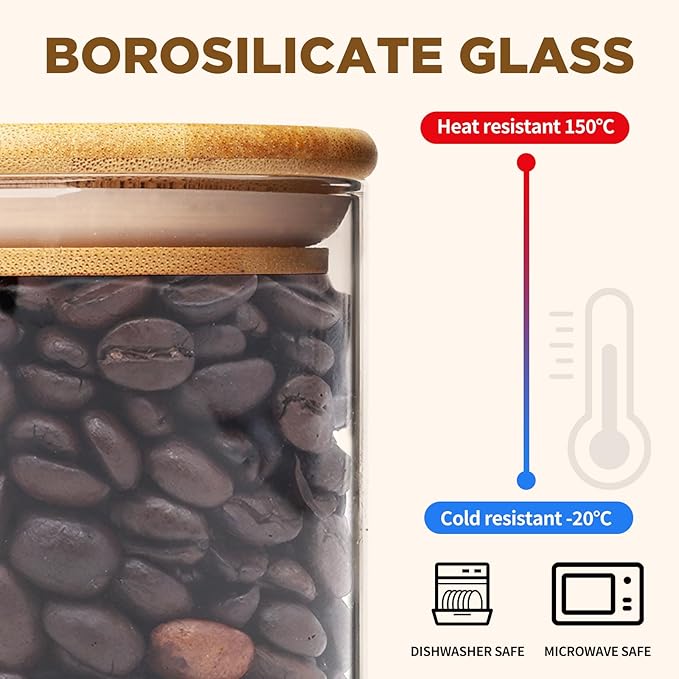 53oz Glass Food Storage Jars, Glass Jars with Bamboo Lids, Kitchen Storage Jars, Set of 4, Canisters with Airtight Lids for Spice, Coffee, Cookie, Pantry Organizers