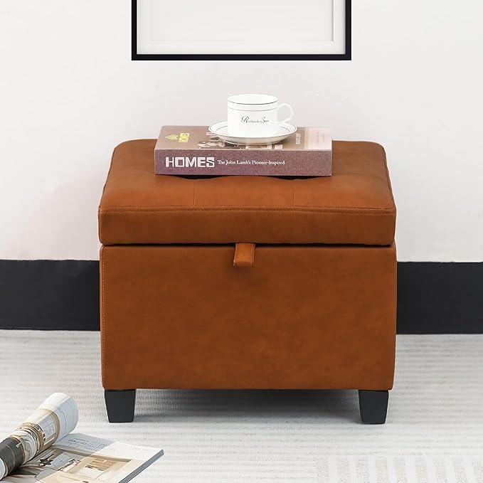 Adeco 17.5" Faux Leather Storage Ottoman with Hinged Lid, 14 Inch High Square Cube Foot Stool with Storage, Upholstered Vanity Stool with Solid Wood Legs for Living Room, Bedroom, Dorm (Warm Orange)