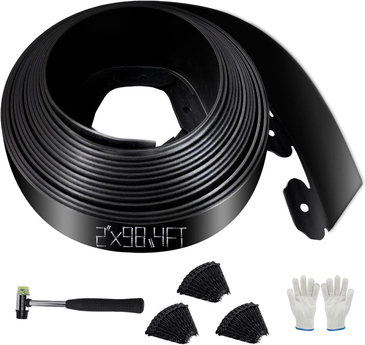 No Dig Landscape Edging 2" x 98.4FT Kit, Plastic Edging for Landscaping with 300 Spikes, for Garden, Lawn, Flower Beds and Yard, Black