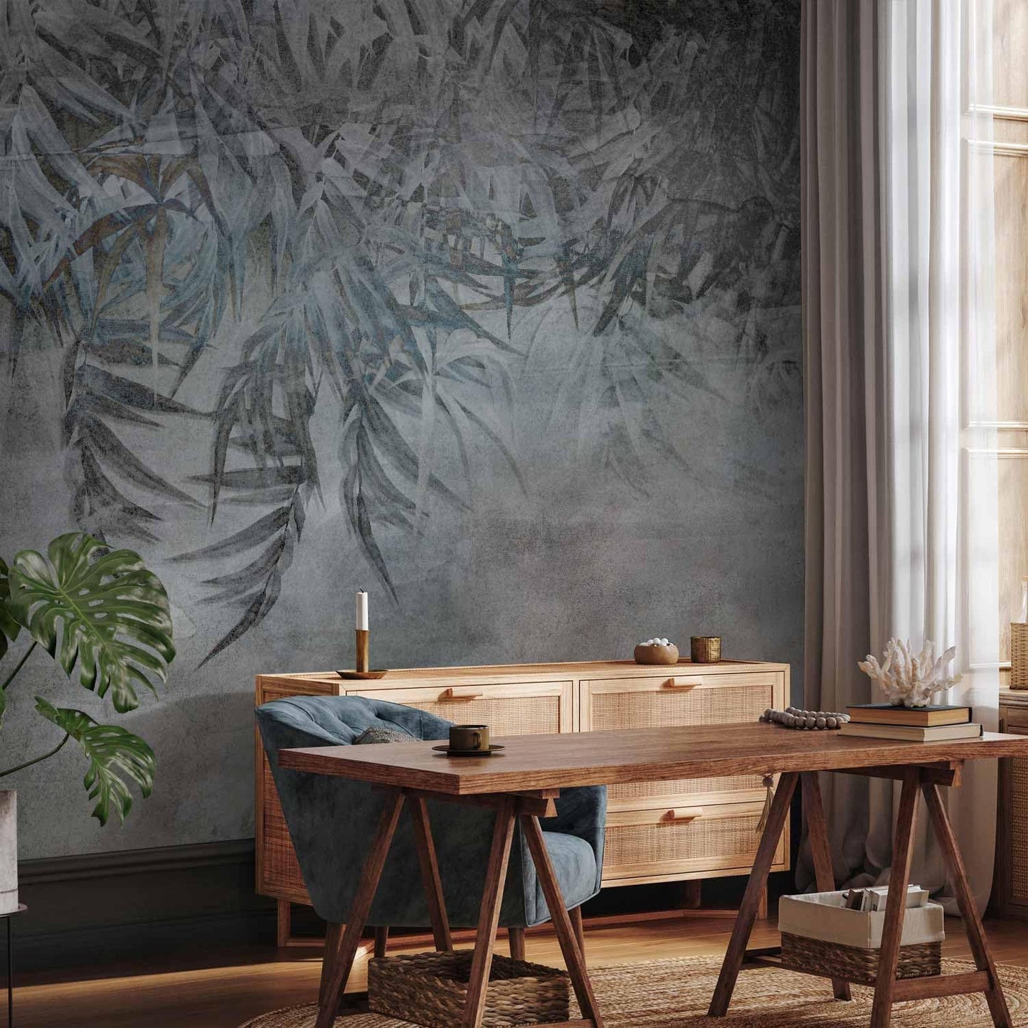 artgeist Premium Wall Mural Leaves 118x83 in - XXL Non-Woven Wallpaper Fleece Wall Decor Photo Print Picture Image Design Palm Leaves Concrete Nature Grey b-C-10103-a-a