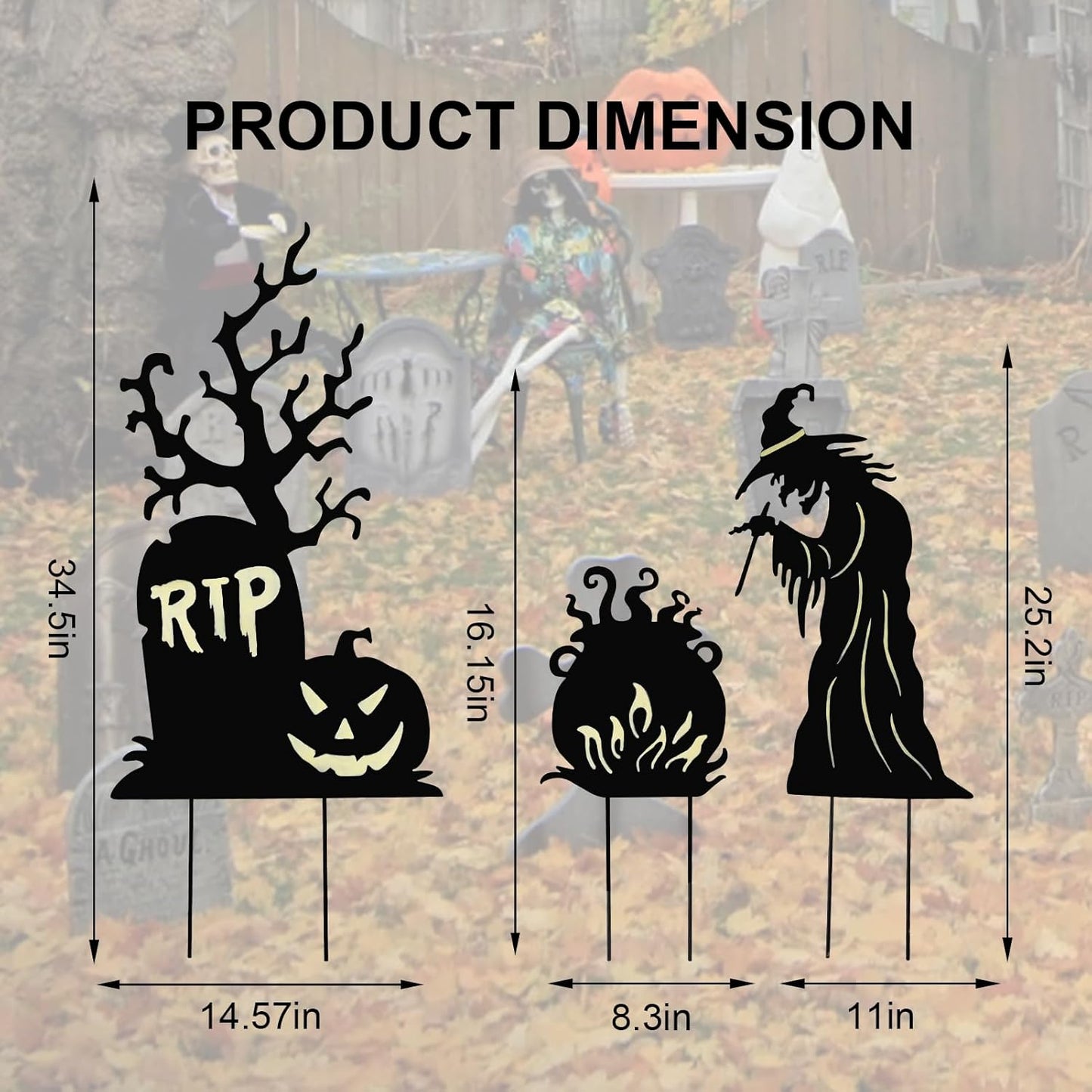 Halloween Yard Signs Outdoor Decorations，3 Pack Scary Large Witch Tombstone Cauldron Fluorescent Metal Stakes Glow in The Dark for Lawn Garden Halloween Decor (Large Witch Tombstone Cauldron)