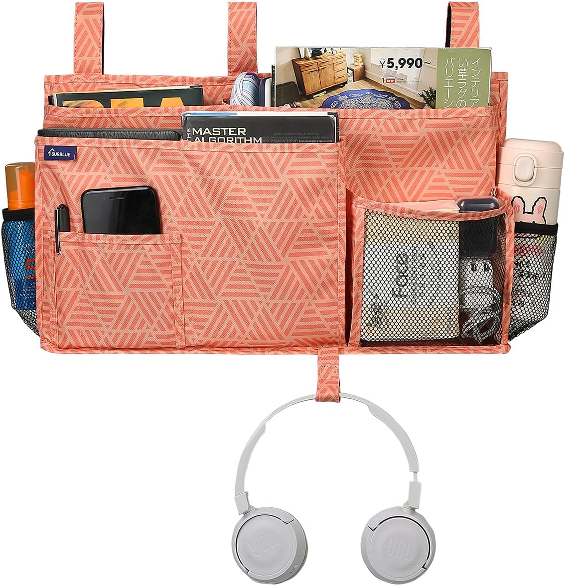 Surblue Bedside Caddy Hanging Organizer Storage Bag Pocket for Bunk, Hospital, College Dorm Rooms, Baby Bed Rails, Camp (8 Pockets), Orange Plaid