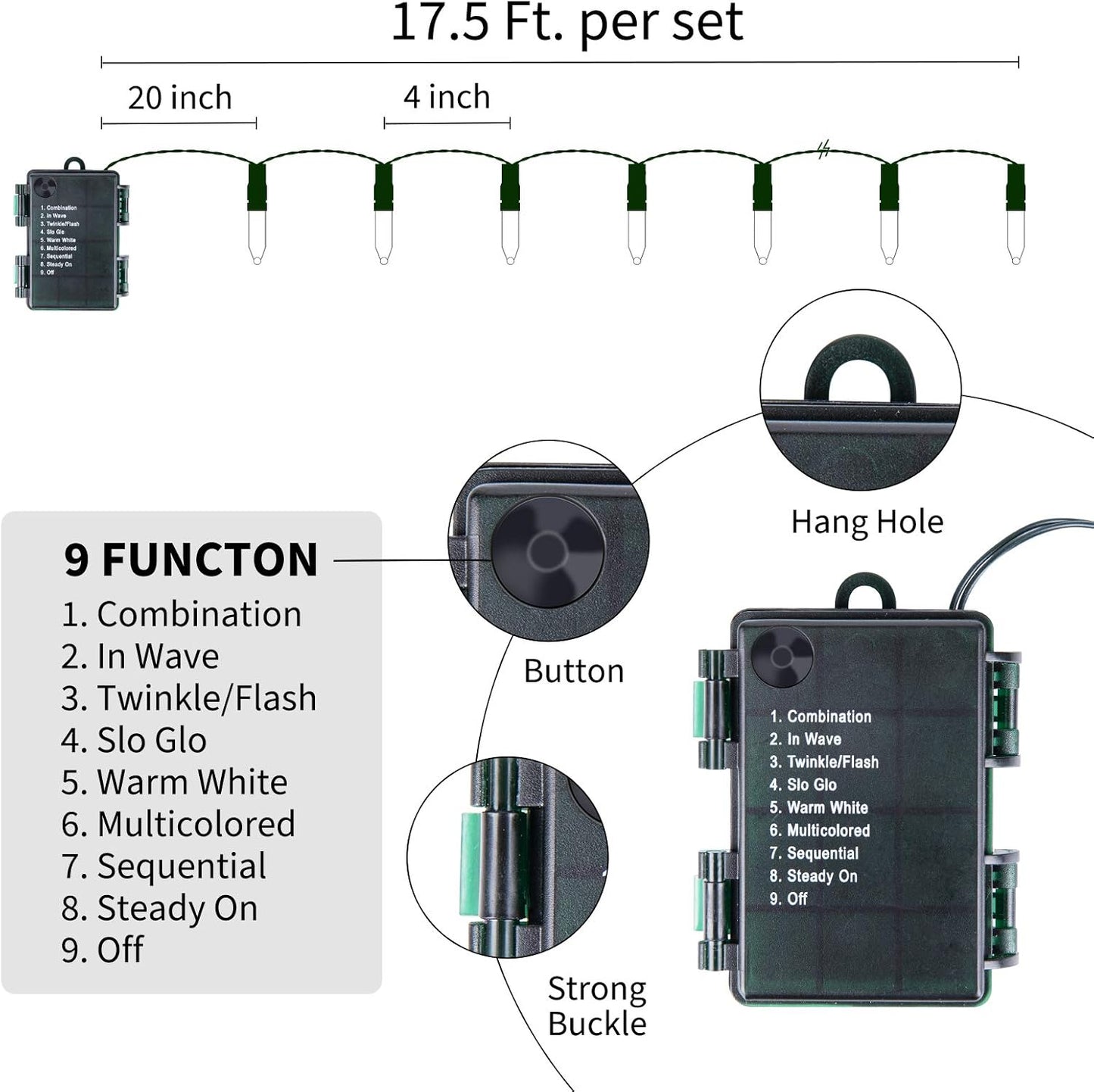 Christmas Mini String Lights Outdoor 4 Pack 17.7 Feet 50 Led 8 Modes Battery Operated Fairy Lights with Timer for Xmas Tree Indoor Holiday Party Decor, Warm White + Multicolored