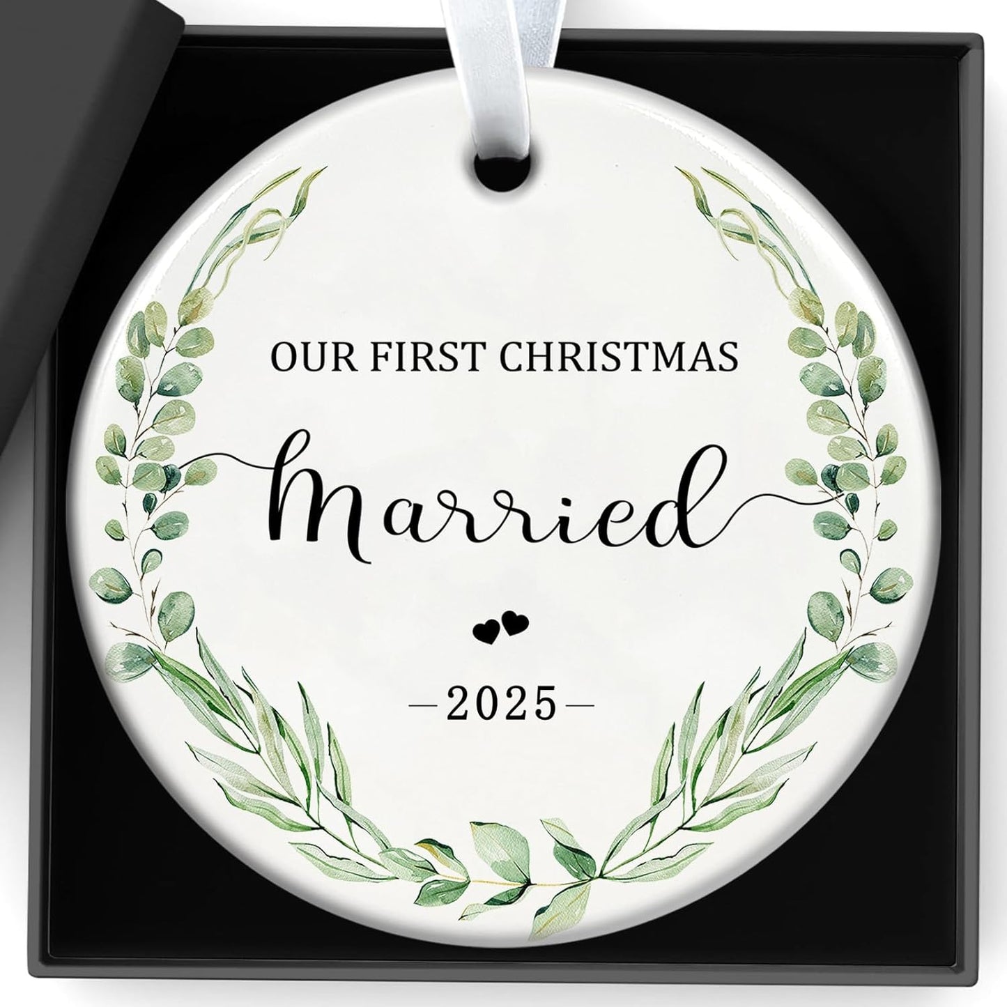 Christmas Ornaments 2025 Our First Christmas Married 2025 Ornament 1st Xmas Married Presents Newlywed Ornament Xmas Hanging Decor for Bridal Shower Wedding Gift 3 Inch Ceramic