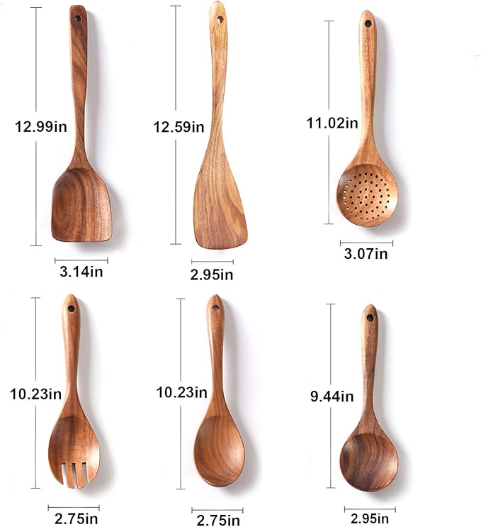 Wooden Kitchen Utensils Set,GUDAMAYE 6 PCE Wooden Spoons for Cooking,Wooden Cooking Utensils,Natural Teak Wooden Spoons For Non-stick Pan
