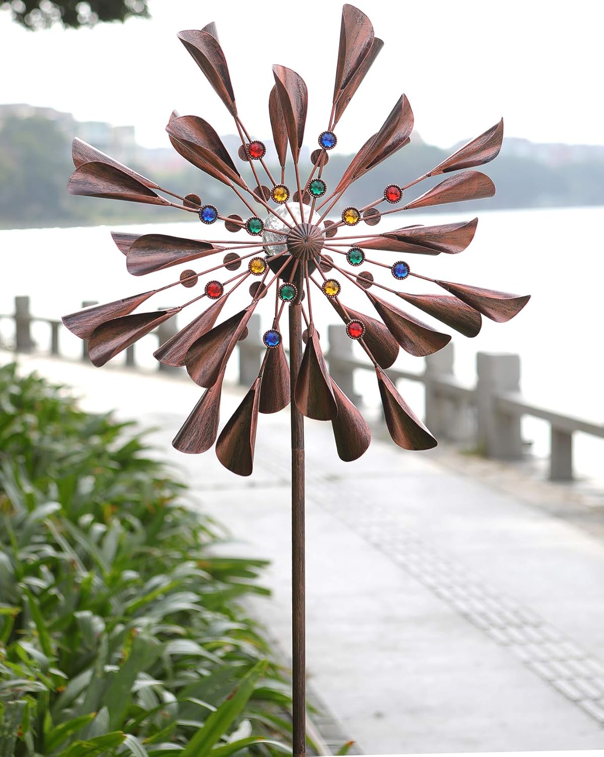 Large 79In Copper Kinetic Wind Spinner Multi-Color Seasonal LED Lighting Solar Powered Glass Ball Metal Wind Catchers Spinner for Patio Lawn & Garden Decorations
