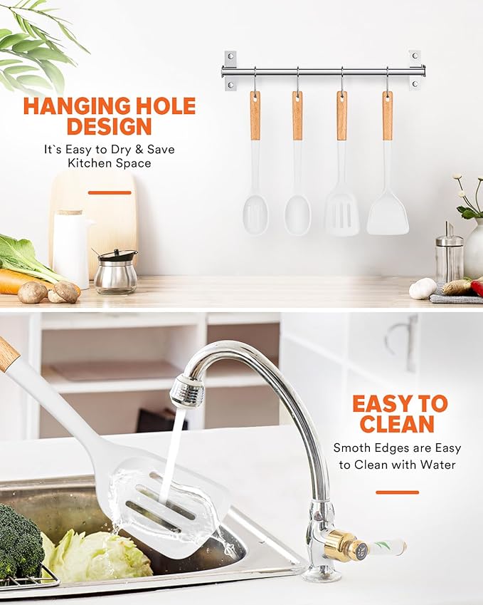 Silicone Cooking Utensils Set, Perfectly Angled for Frying, Mixing,Serving,Draining,Turning and Stirring, BPA-Free Matte Silicone, Wood Handles, Safe for Nonstick Cooking Surfaces,4 Pack (White)