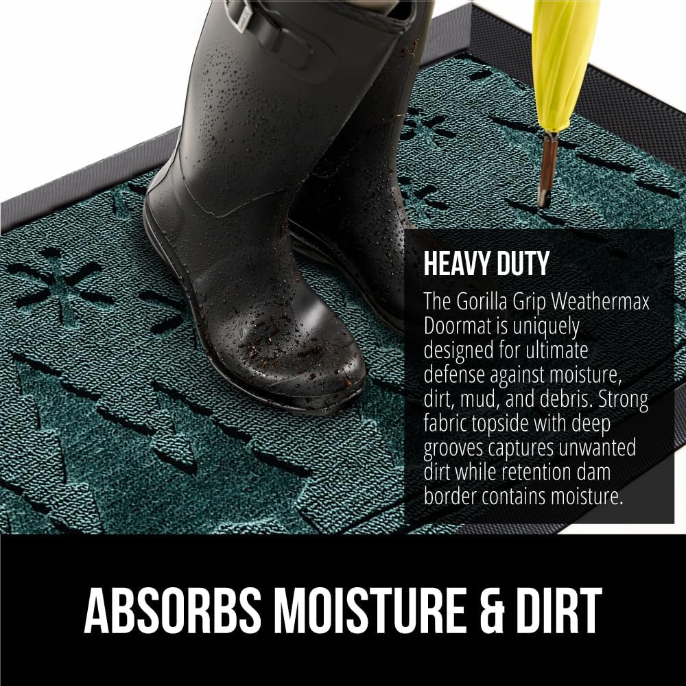 GORILLA GRIP 100% Waterproof All-Season WeatherMax Doormat, US Designed Natural Rubber, Stain and Fade Resistant, Low Profile Indoor Outdoor Door Mats, Easy Clean Patio Mat, 17x29, Green Snowscape