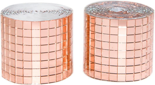 Self Adhesive Mosaic Tiles, 3200 Pieces Disco Ball Tiles, 5 x 5 mm Glass Mirror Mosaic Tiles, Square Mirror Tiles Sticker for DIY Vase, Art Collage, Photo Frames, Home Party 2 Rolls (Rose Gold)