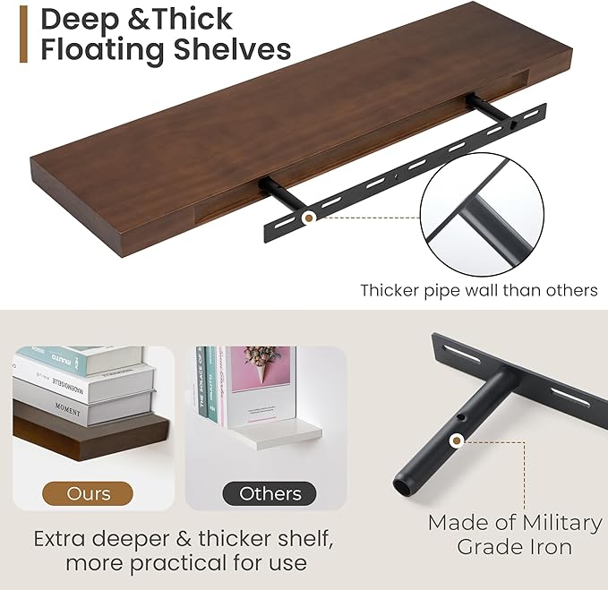 Fun Memories Farmhouse Floating Shelves - 8 Inch Deep Rustic Wood Wall Shelf - Premium Solid Pine Wood Storage Shelf for Kitchen Living Room Bedroom - 30" W x 8" D - Set of 2 - American Walnut