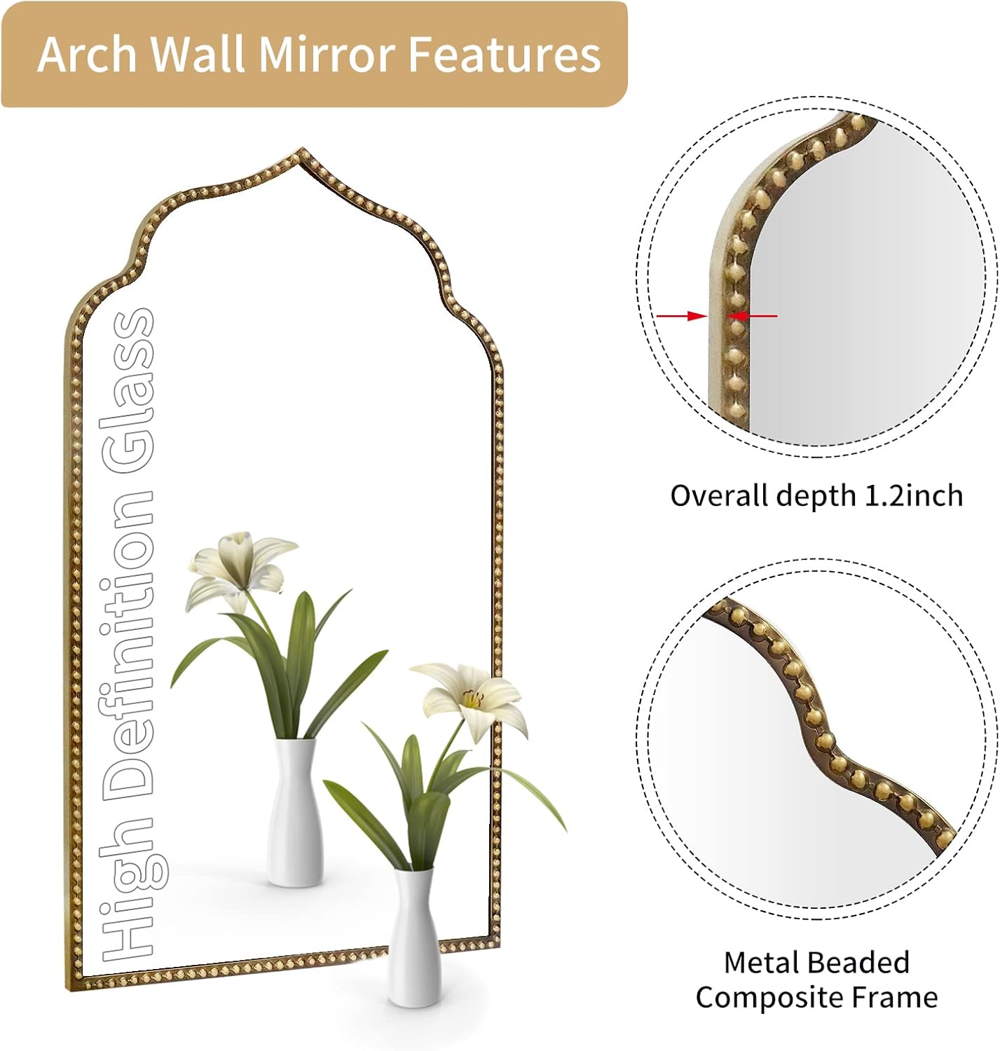 Arch Wall Mirror, 22" W x 38" H Metal Marlowe Beaded Frame Accent Mirror, Large Modern Vintage Gold