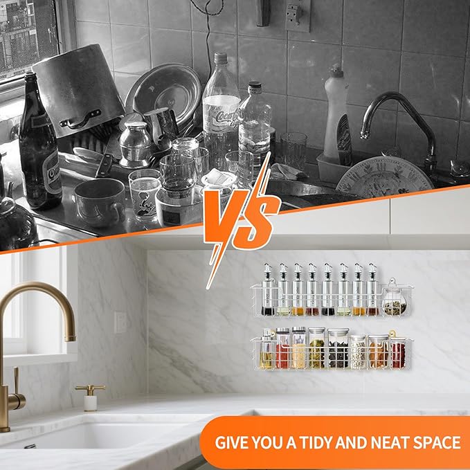 Spice Rack Wall Mount, 4-Pack Seasoning Organizer for Kitchen Storage Organization, Spice Holder Shelf Saving Space for Cabinet, RV, Pantry, Silver