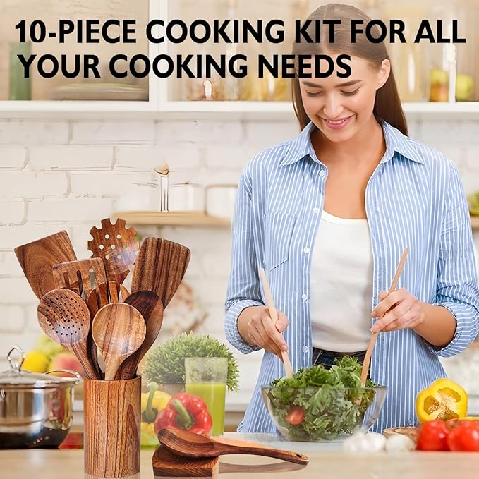 Wooden Spoons for Cooking 10 Pieces Set, Teak Kitchen Utensils Spatula, Wooden Cooking Utensils Spoons, with Spoon Rest, Strainer Spoon, Pasta server, Fried Spatula and Salad Fork, Utensil Holder