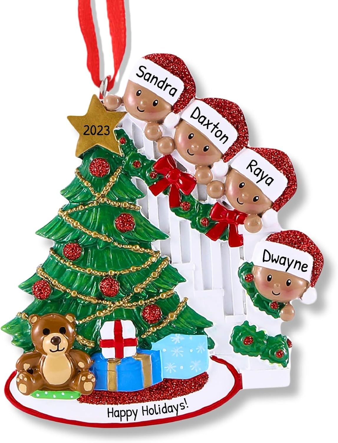 African American Peeking Family of 4 Ornament 2025 Personalized Family Christmas Ornaments 2025 Black Xmas Staircase Personalized Tree Ornaments for Grandchildren Siblings Grandkids of Four Ornament