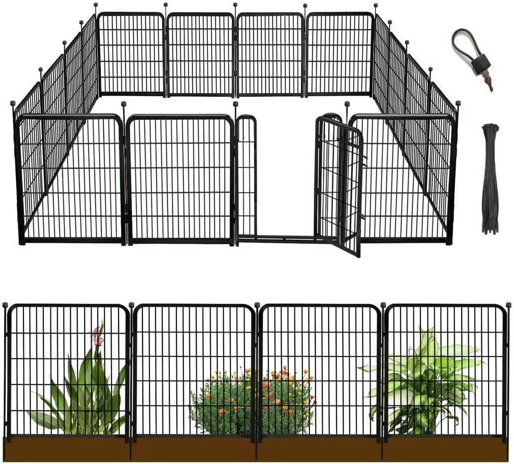 56in(H) Garden Fence, 10 Panels Total 22.1 Ft(L), Garden Fence with Low Threshold Gate, Anti Dig Fence Barrier, Fencing for Garden Beds, Black Metal Decorative Garden Fencing