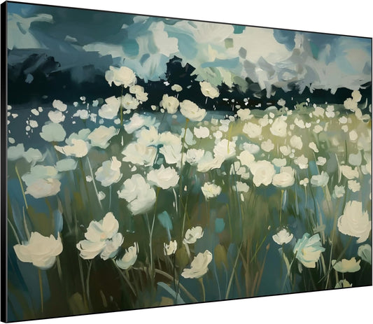 SIGNWIN 60"x72" Extra Large Framed Wall Art White Wildflower Field in Impressionist Style, Soft Floral Landscape for Home Living Room Bedroom Decor (Frame Assembly Required)