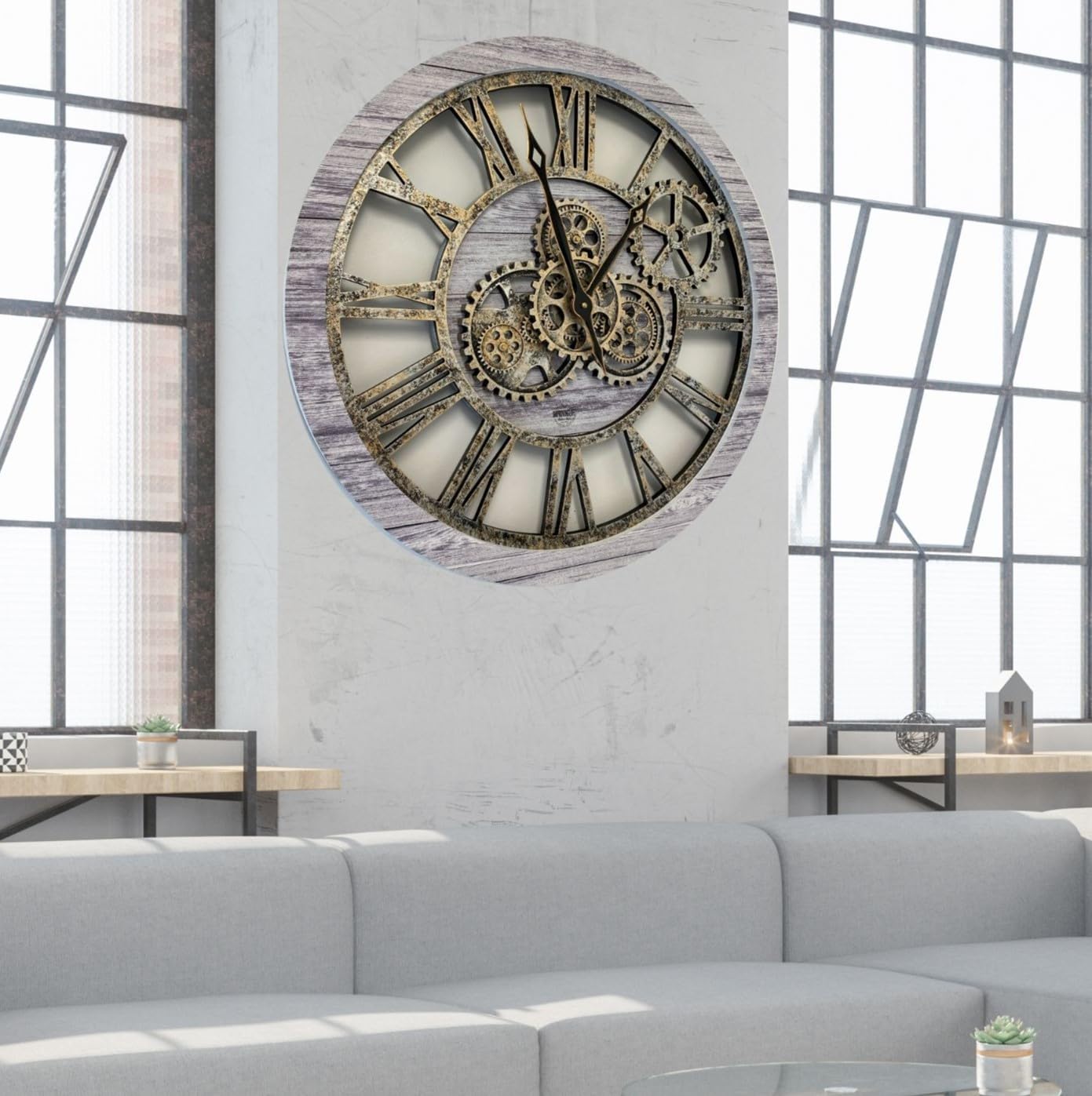 The Gears Clock The Original Real Moving Gear Wall Clock Vintage Industrial Oversized Rustic Farmhouse (24 inch (60cm),Silver Grey)