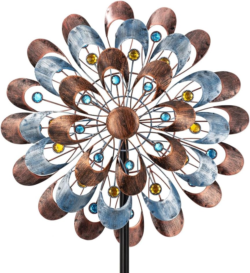 DREAMYSOUL Wind Spinner Outdoor, 20" Dia Large Metal Windmills with Blue and Copper Blades, Kinetic Wind Spinners & Sculpture for Yard and Garden