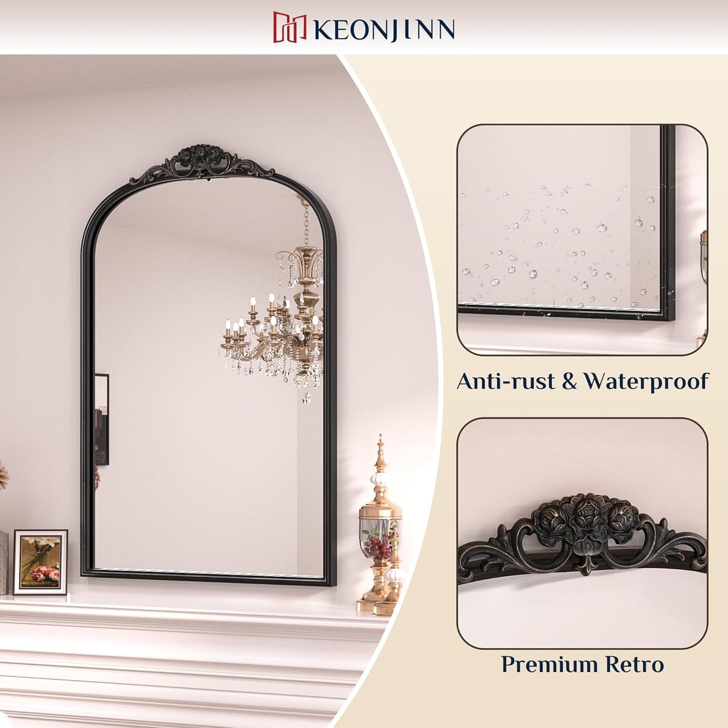 Keonjinn Vintage Arched Wall Mirror 30" x 36", Black Antique Mirrors with Metal Frame, Ornate Baroque Decoration for Mantle, Bathroom, Living Room, Fireplace, French Cleat Mounting