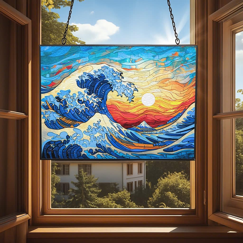 Rectangle Ocean Wave Stained Glass Suncatcher 4 Season Colorful Window Wall Ornament Hand-Painted Glass Panel Decor Gift for Women Christmas Thanksgiving Gift 15"x11"