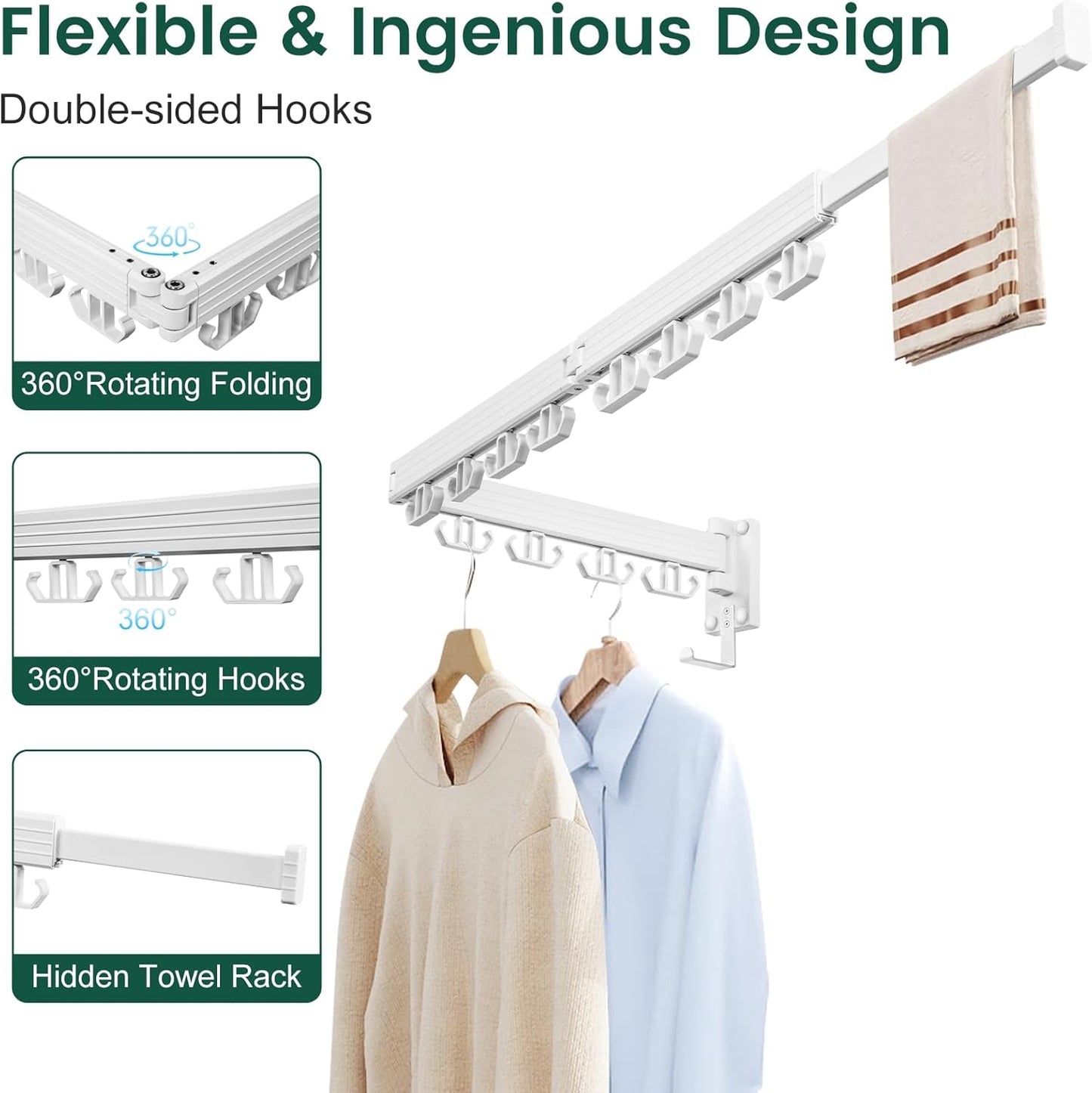 Wall Mounted Clothes Drying Rack, Laundry Drying Rack Wall Mount, 3-Fold Drying Rack Clothing, Foldable Clothes Drying Rack with 12 Dual Hooks Organization for Laundry Room Indoor - White