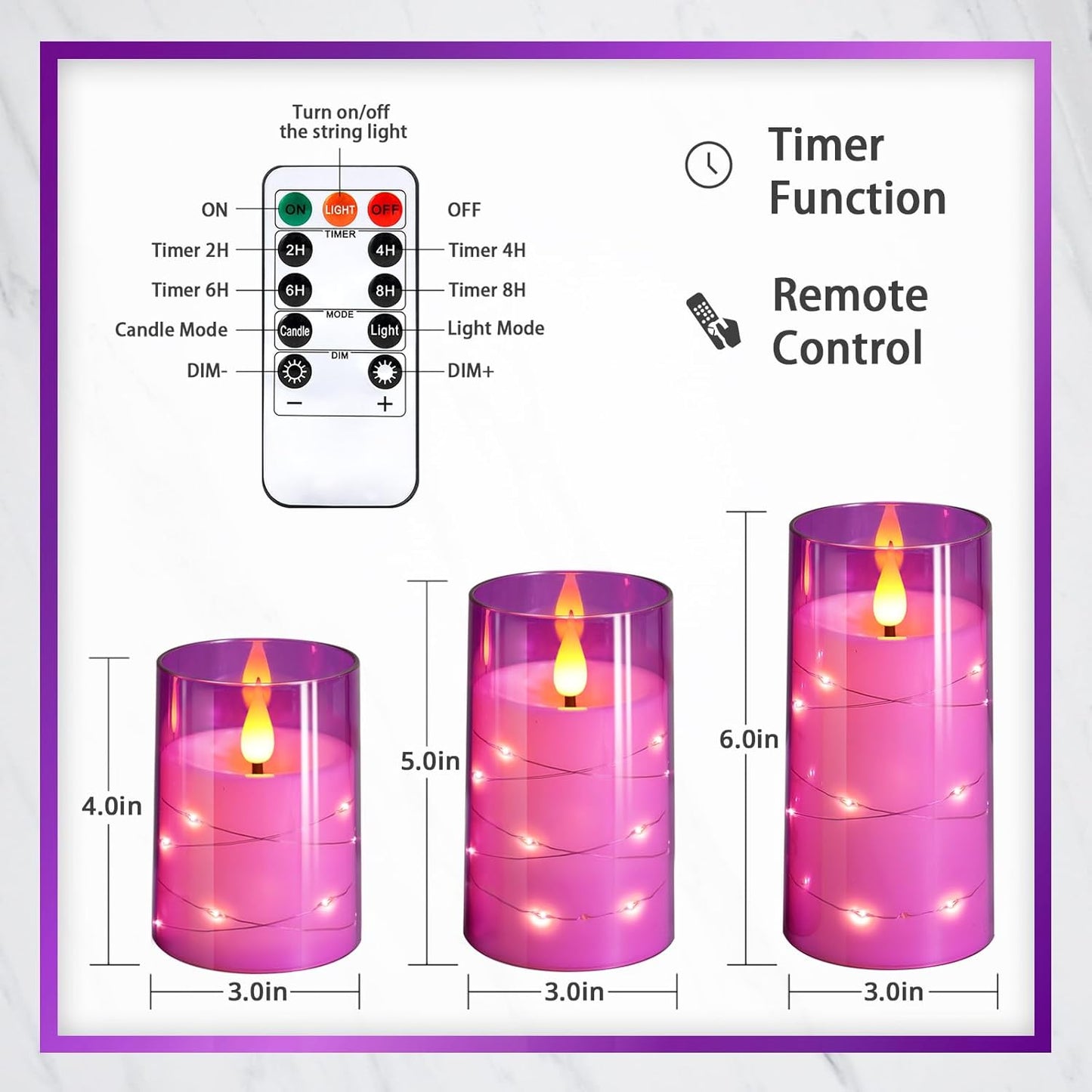 NURADA Flickering Flameless Candles: Built-in Star String Lights 3D Wick Acrylic Battery Operated LED Pillar Candles with Remote and Timer for Table Wedding Centerpieces Party 3 Pack Purple