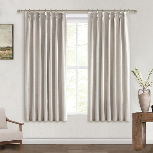 Black Out Curtains 72 Inch Long, Blackout Window Curtain & Drapes 72 Inch Length 2 Panels Set Burg Pinch Pleated Viral Natural Linen Short Farmhouse for Bedroom/Dining/Living Room 6FT