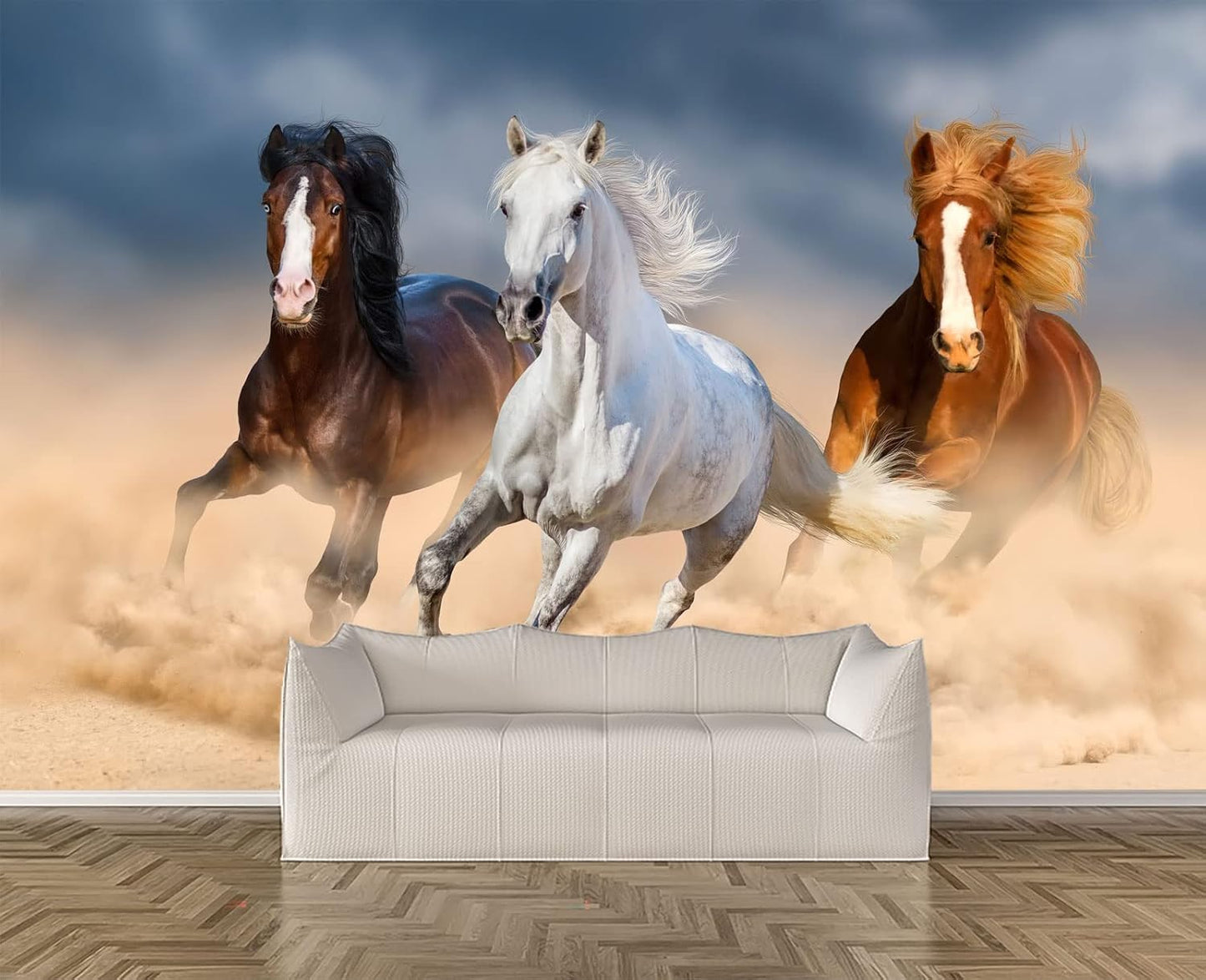 Three Running Horses Chinoiserie Wall Mural Wallpaper for Bedroom 137" x 100"