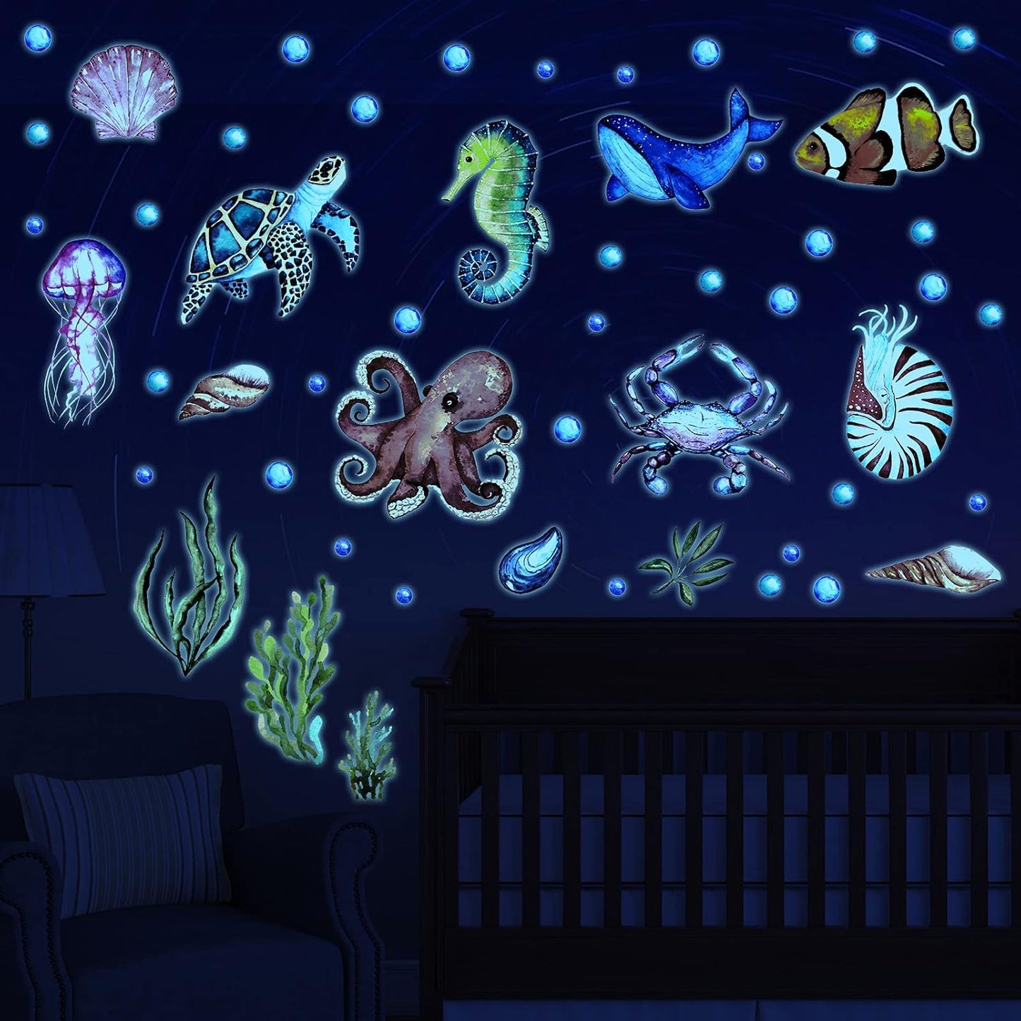 52 Pcs Ocean Fish Wall Decals Glow in The Dark Under The Sea Wall Decals Sea Animals Stickers Removable Waterproof Peel and Stick for Kids Bathroom Watercolor Ocean Decor(Funny Style)