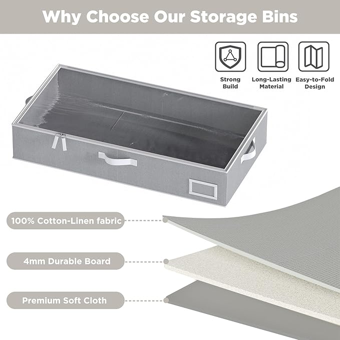 Under Bed Storage Containers, 2-Pack Underbed Storage Box, Collapsible Clothes Storage Bins with Handles and Lid, Large Under Bed Organizers for Shoe, Blanket, Pillow, Sheet, Gray