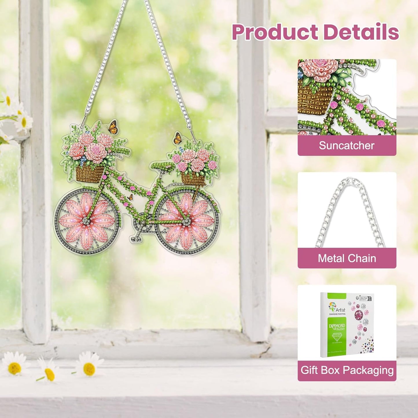 EOBROMD Diamond Hanging Art Kits for Adults, Bike Flower Suncatcher Diamond Art Painting, DIY Special Shaped Rhinestone Kits for Adults, Window Pendants Home Garden Wall Hanging Ornament