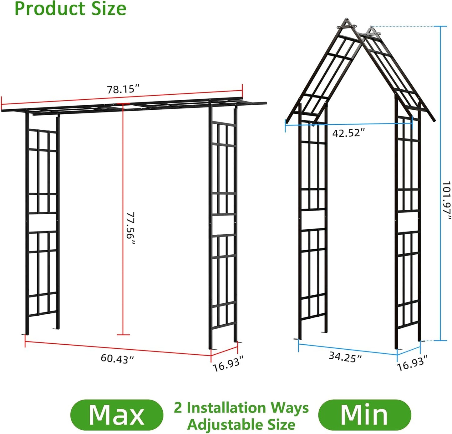 Metal Garden Arch Arbor Trellis Climbing Plants Outdoor Black Flat Top or Arch, Adjustable Width W42.52''~W78.15'', for Lawn Wedding Party Archway