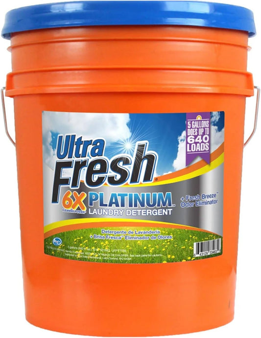 Ultra Fresh 5 Gallon Liquid Laundry Detergent Washing Soap for All Machine Types, 6X Platinum, Up to 640 Loads, Fresh Breeze