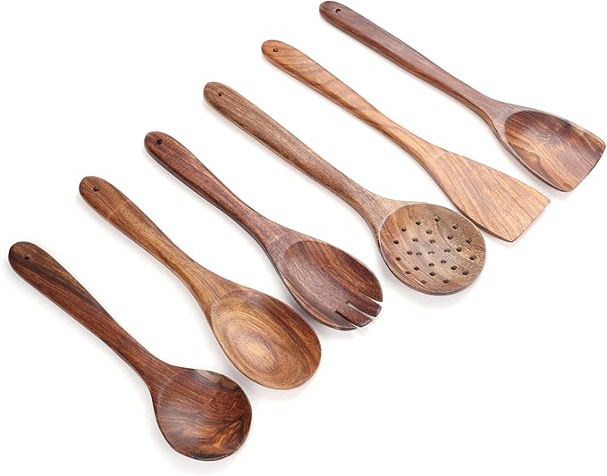 Wooden Spoons for Cooking Utensils Set with Holder, Spoon Rest & Hooks, Teak Wood Nonstick Kitchen Cookware