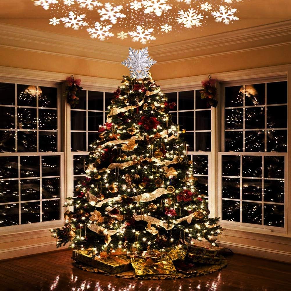 OurWarm Christmas Tree Topper Lighted with LED Rotating Silver Snowflake Decorations Projector Silver Snow Tree Topper Night Light Projector for Indoor Outdoor Christmas Tree Decorations