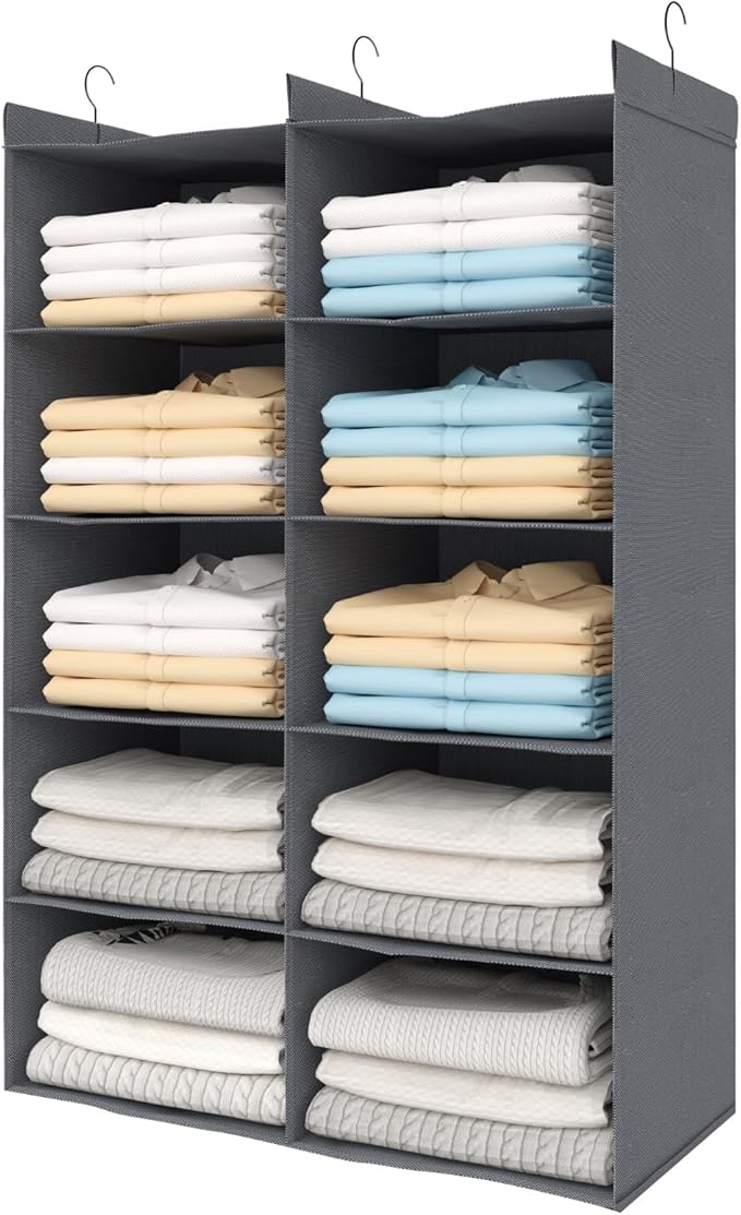 5 Tier Shelf Hanging Closet Organizer, Dual-Row 10 Pocket Cloth Hanging Shelf with 3 Sturdy Hooks for Storage, Foldable (Grey)