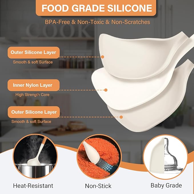 Silicone Cooking Utensils Set, 6 Pack Large Kitchen Utensils Set with Wooden Handle, Heat Resistant Silicone Utensil Spatula Set for Nonstick Cookware, Spatula, Turner, Spoon, Ladle BPA Free (White)